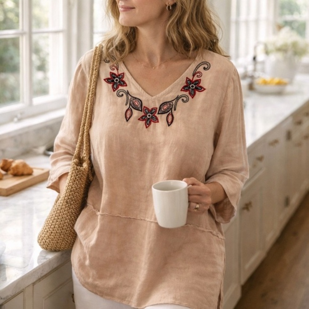 Hot Cotton 100% Linen Embroidered Tunic Top 1X Boho Floral Made in USA Lagenlook